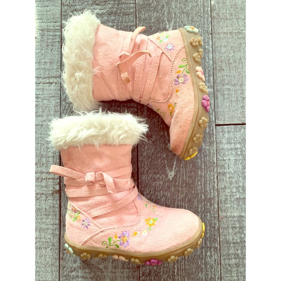 Laura Ashley Other - Laura Ashley Pink Faux Fur Flower Boots